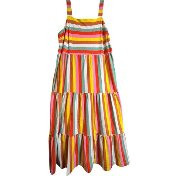 J. Crew Rainbow Stripe Tiered Maxi Dress Sz XL Dopamine Vacation Beach Comfort - Picture 1 of 16